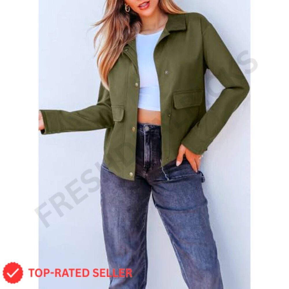 Lightweight Cropped Shacket Button Down Coat With… - image 4